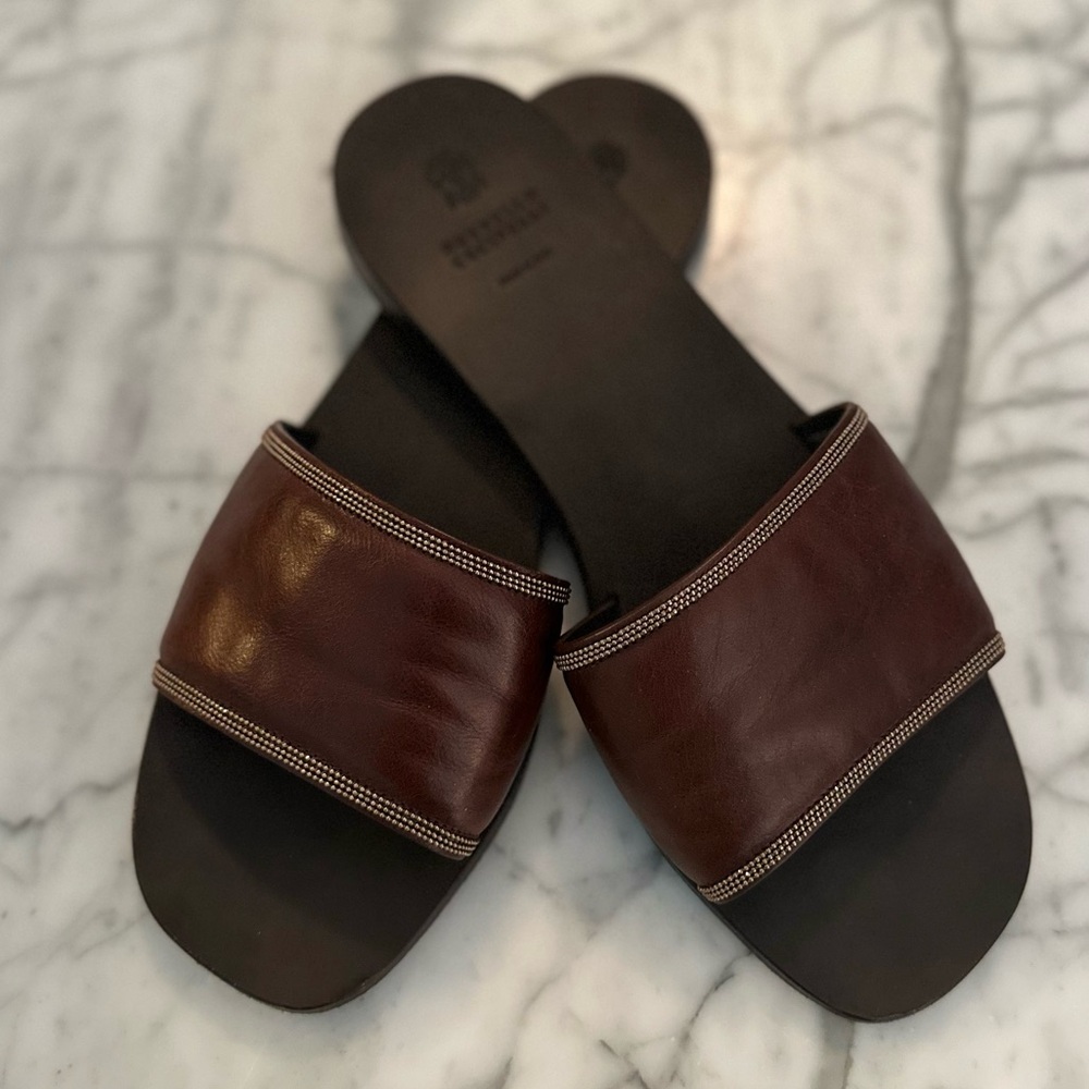 Brunello Cucinelli Dark Brown Leather Slides